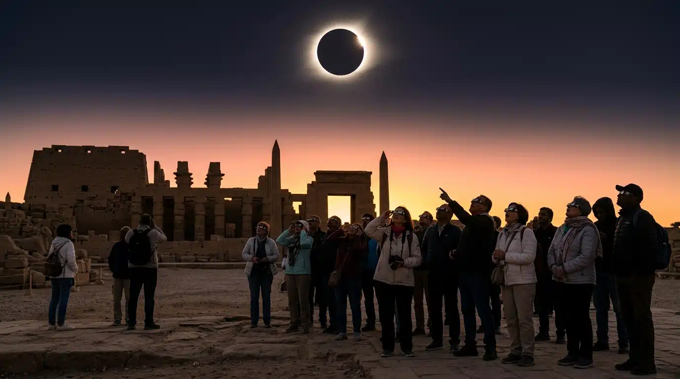 Foule observant une éclipse solaire totale avec des lunettes