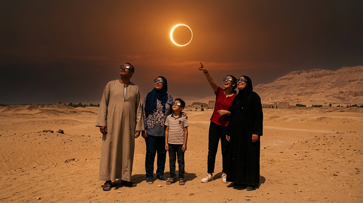 Famille regardant l'éclipse solaire près de Louxor en Égypte