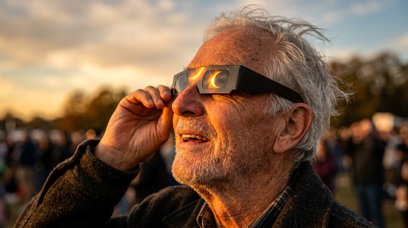 Homme portant des lunettes de protection pour observer l'éclipse