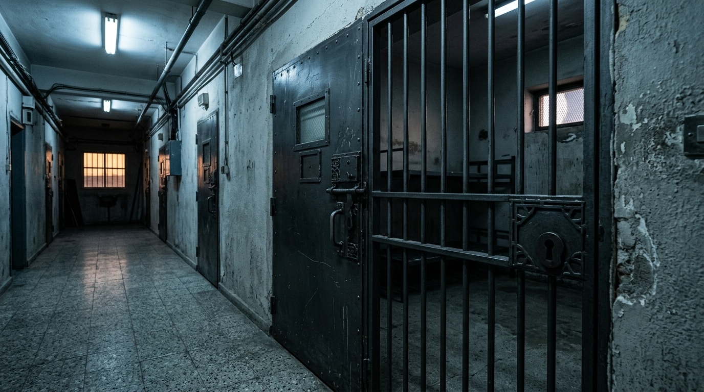 Porte de cellule métallique dans un couloir sombre