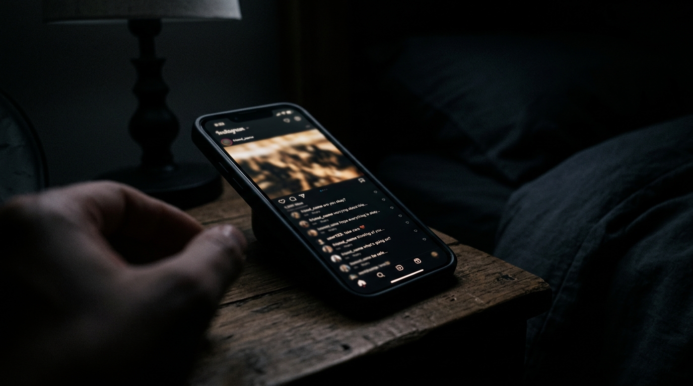 Téléphone affichant des commentaires inquiets sur les réseaux sociaux dans l'obscurité