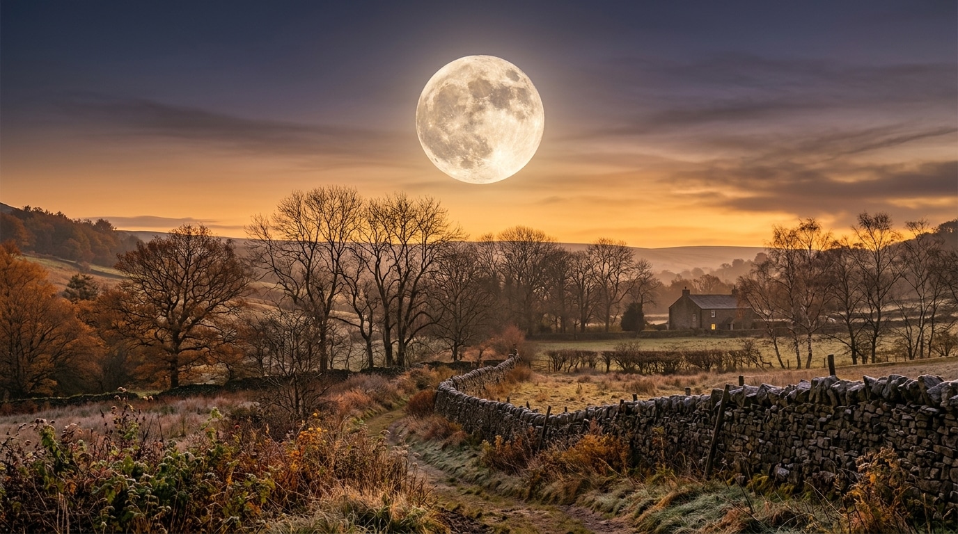Pleine Lune se levant au-dessus d'arbres d'automne