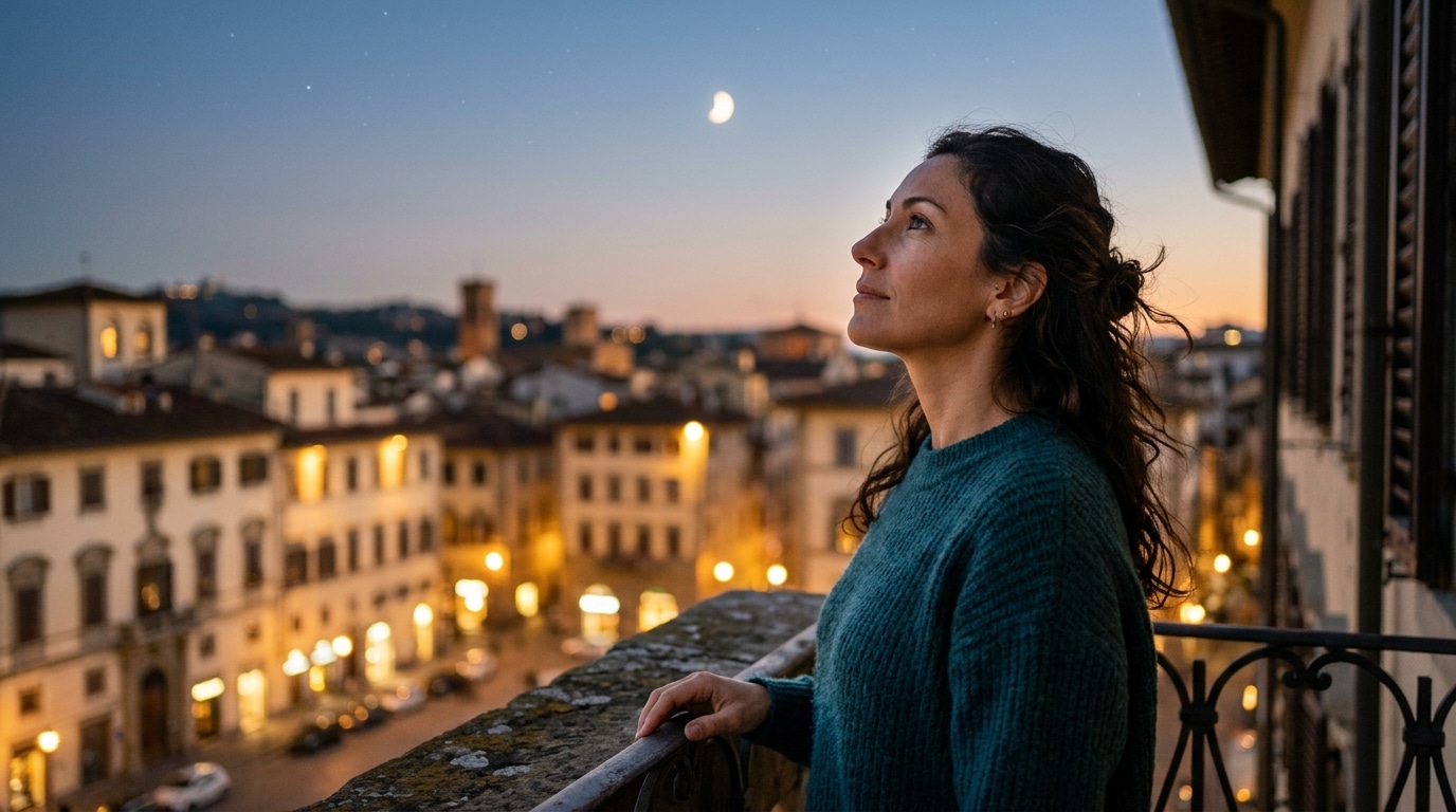 Femme regardant la Lune depuis un balcon au crépuscule