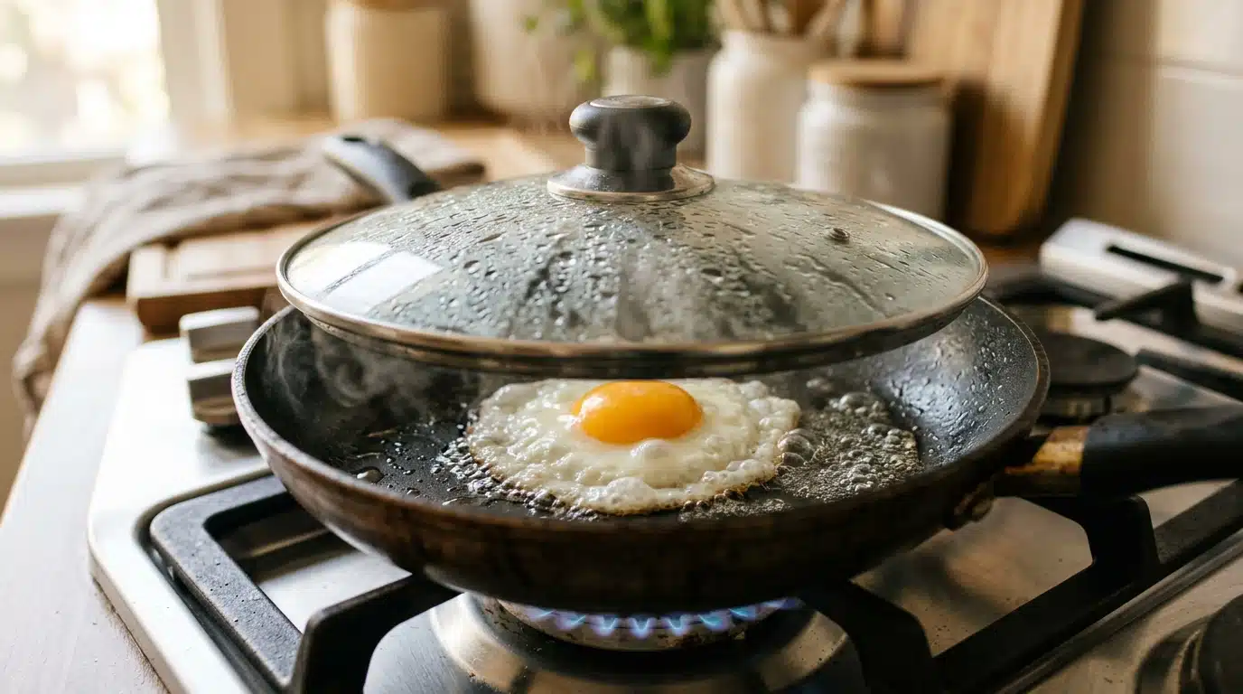Œuf au plat cuit sous couvercle avec vapeur d'eau