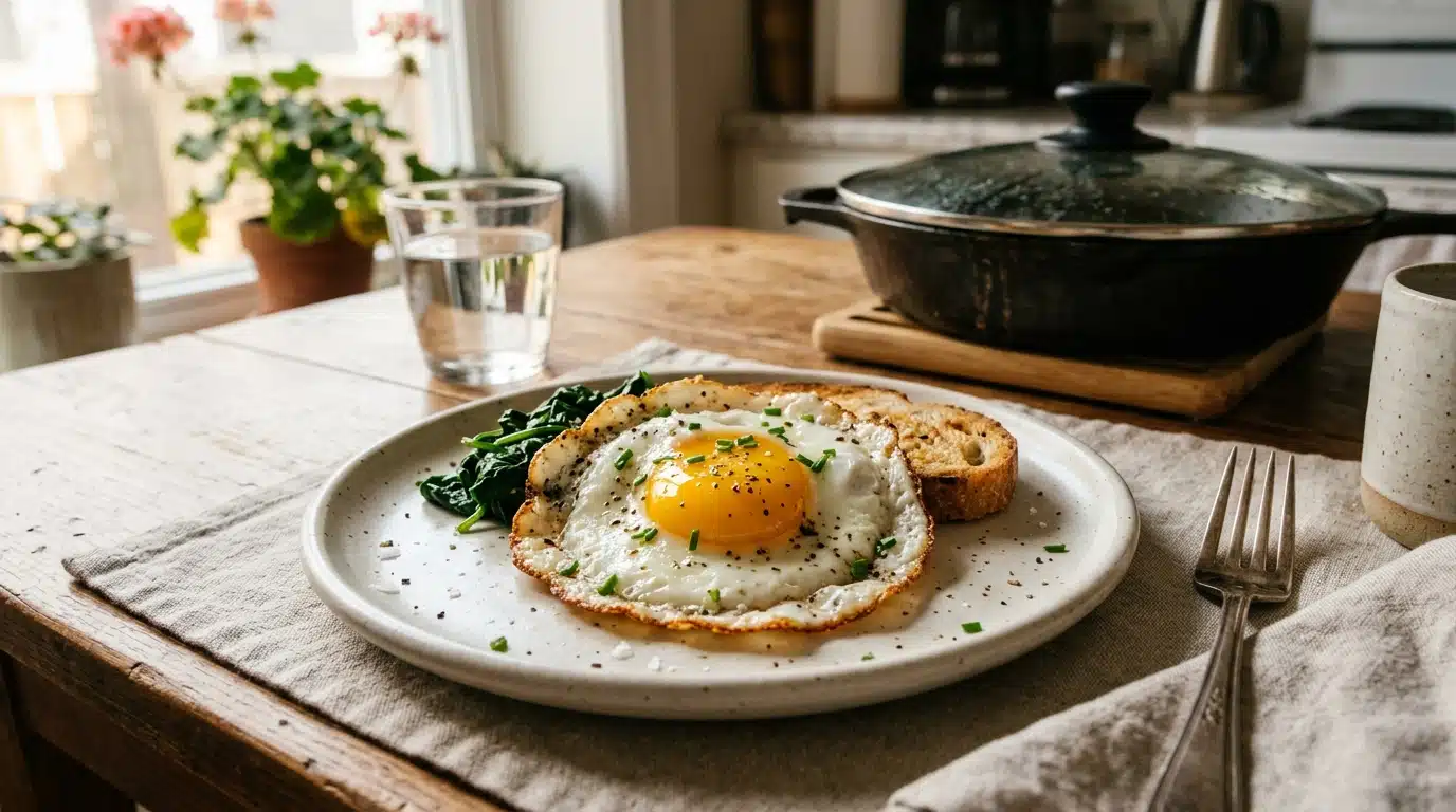 Œuf au plat au jaune coulant sur assiette blanche