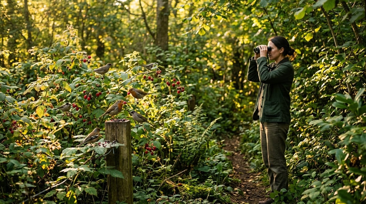 Oiseaux picorant des framboises sauvages en forêt