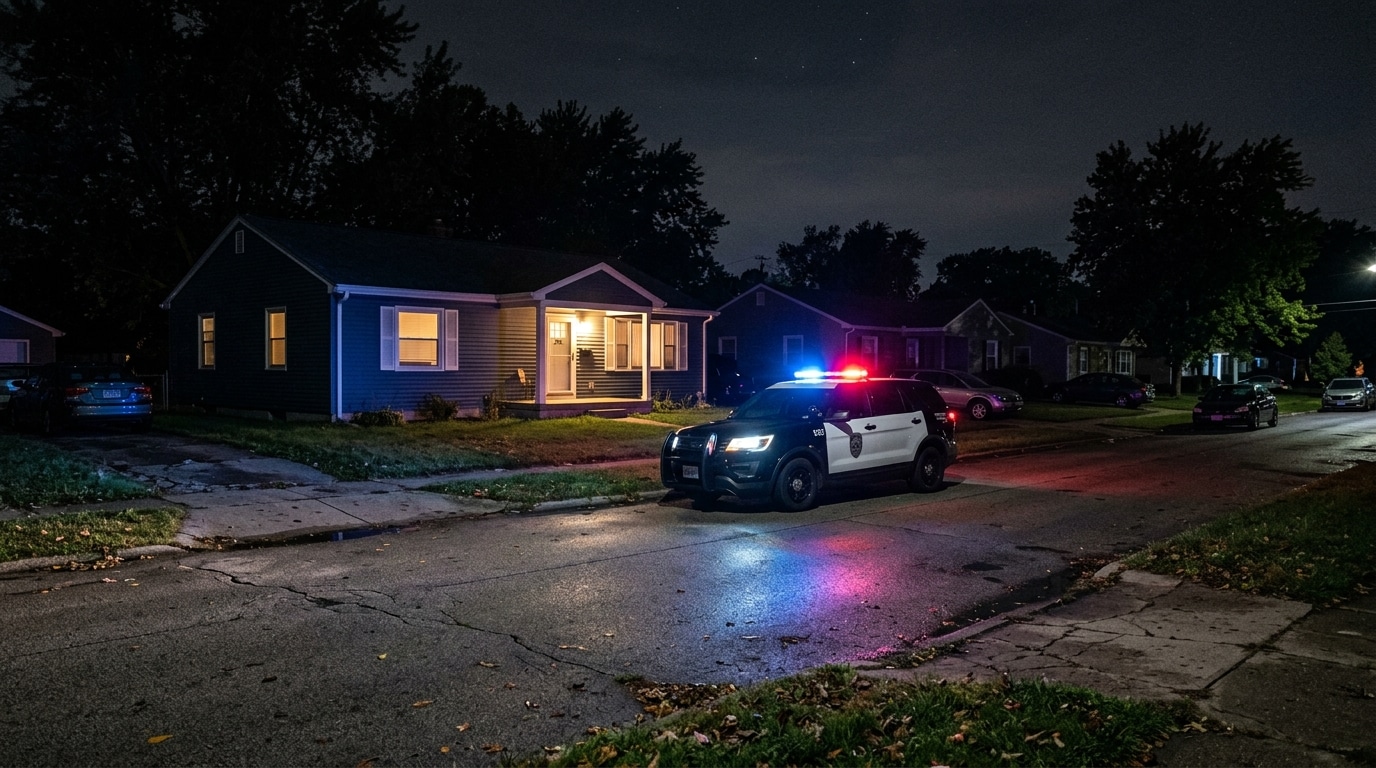 Voiture de police gyrophares devant maison de nuit