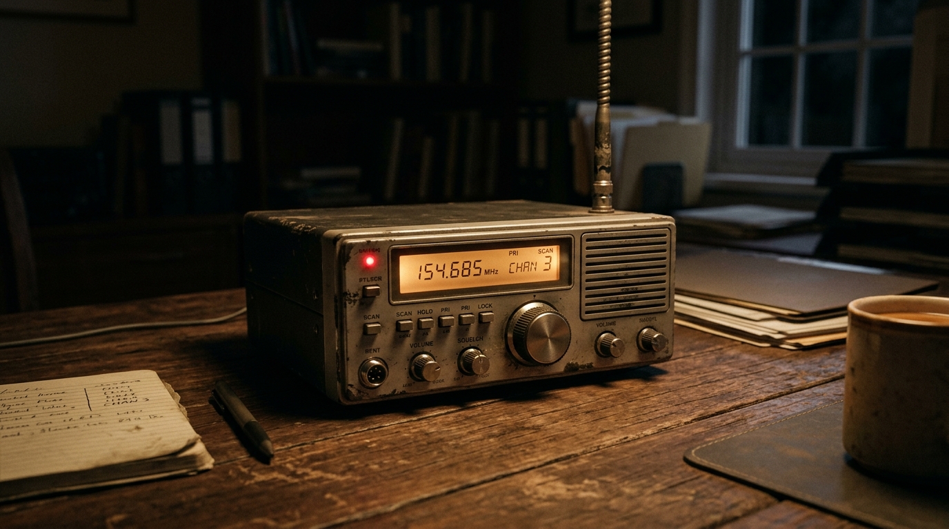 Radio de police ancienne allumée dans pièce sombre