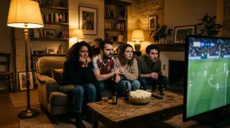 Amis regardant le match OM-PSG dans un salon chaleureux