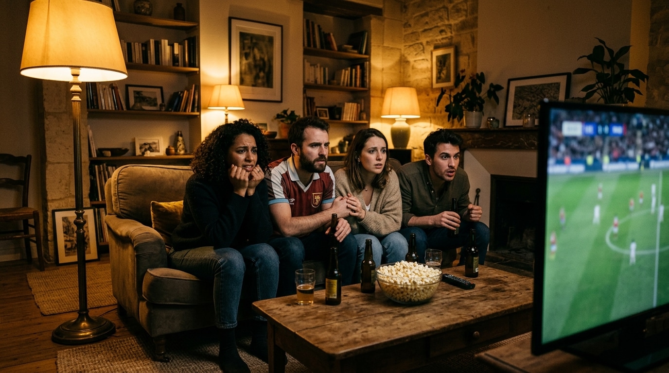 Amis regardant le match OM-PSG dans un salon chaleureux