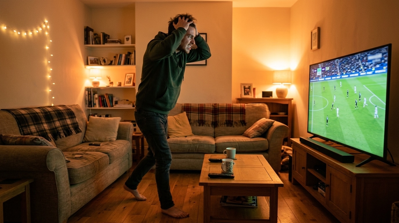 Homme impatient et stressé devant un match de football à la télévision