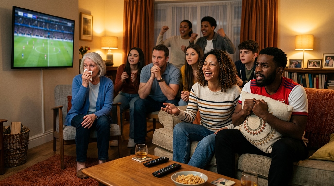 Groupe d'amis aux réactions opposées pendant un match de foot