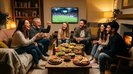 Amis regardant OM-PSG autour d'un plateau apéro maison
