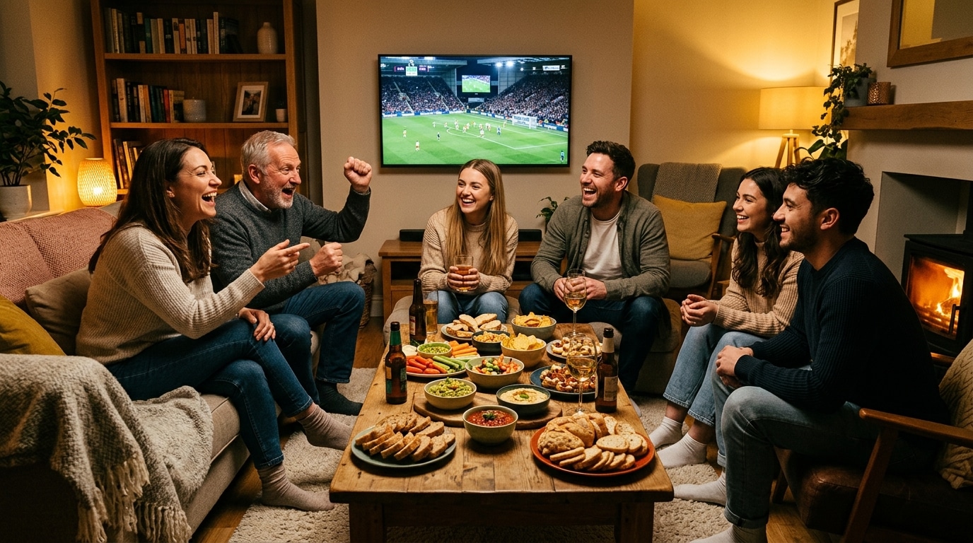 Amis regardant OM-PSG autour d'un plateau apéro maison