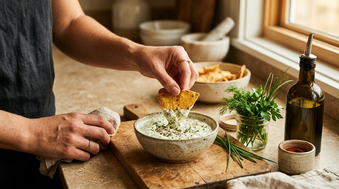Tortilla maison trempée dans un dip fromage blanc herbes
