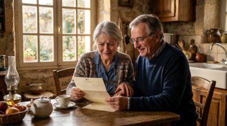 Couple de retraités lisant leur courrier de pension à table