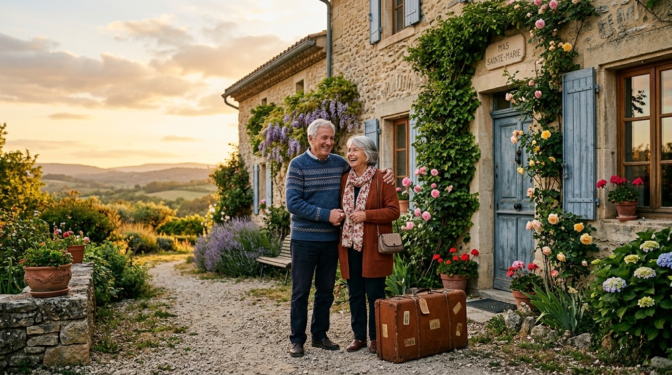 Couple de retraités souriants devant leur maison au coucher du soleil