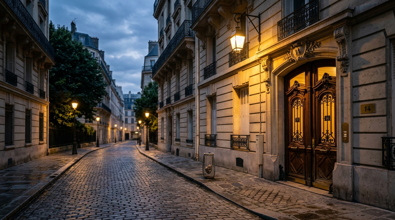 Rue parisienne au crépuscule près d'un immeuble