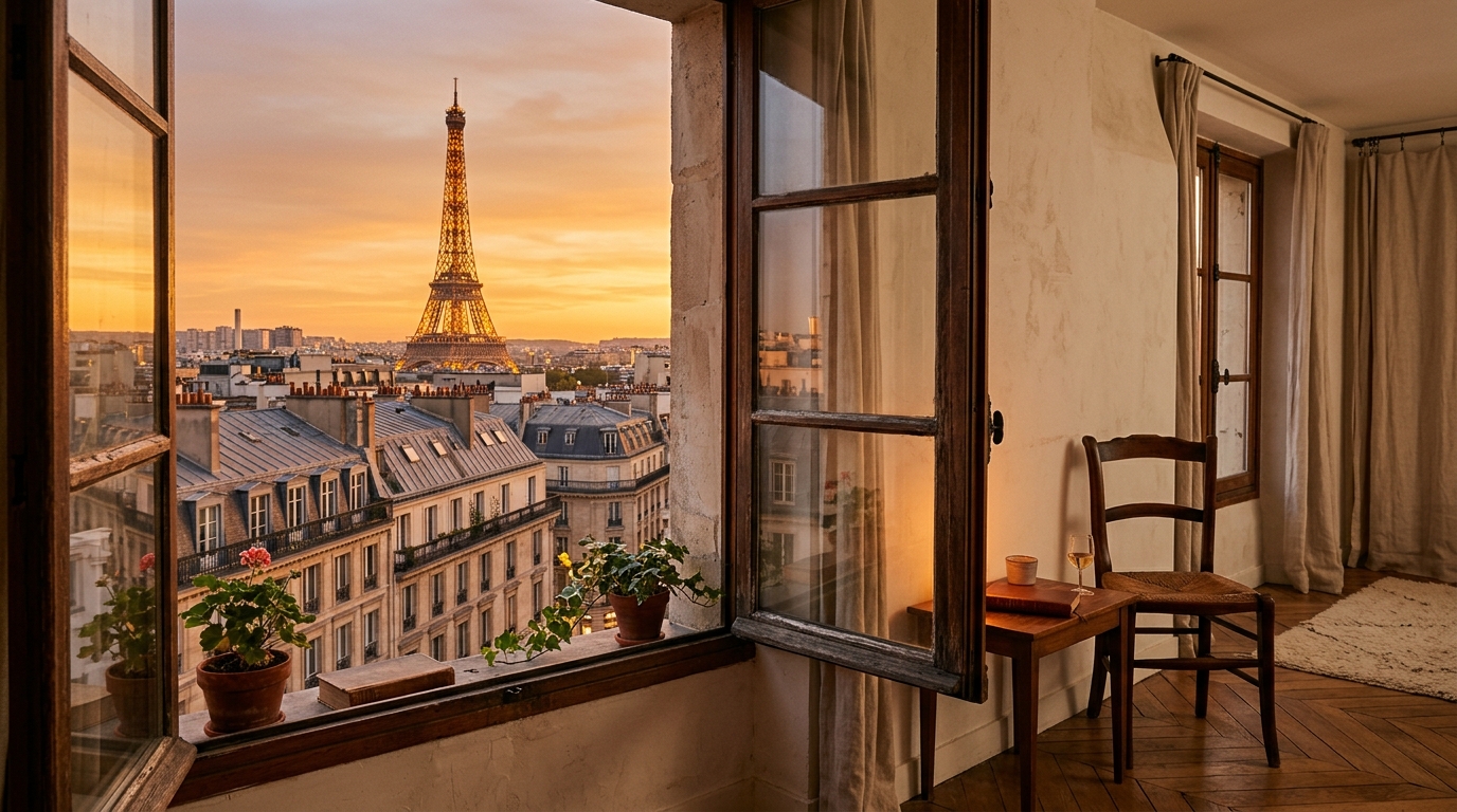 Vue sur les toits de Paris au coucher du soleil