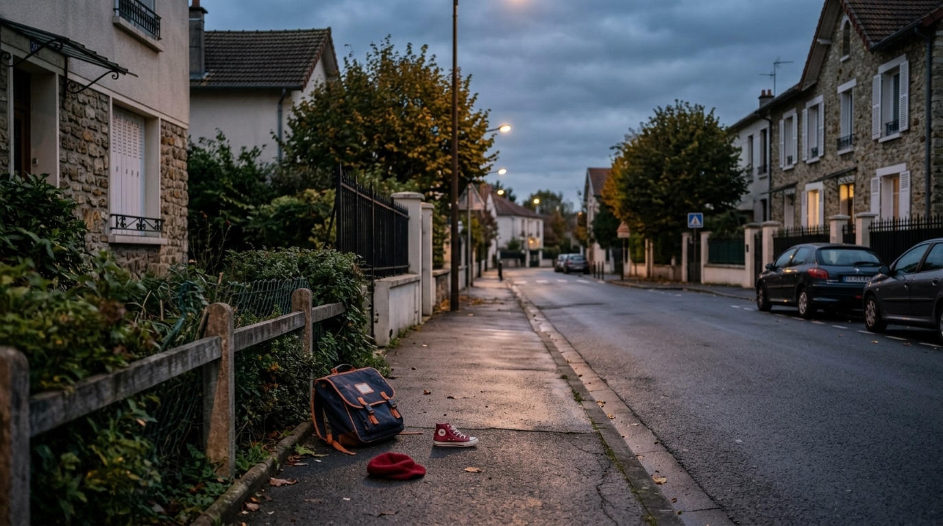 Rue résidentielle calme au crépuscule avec portail de jardin