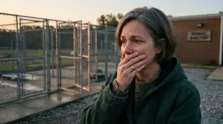 Directrice de refuge bouleversée devant des cages ouvertes