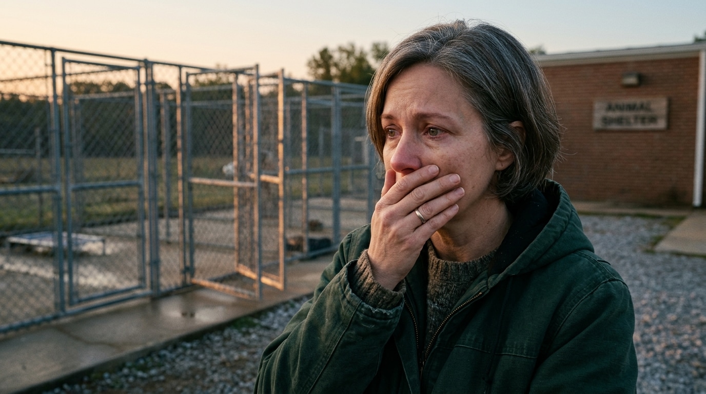 Directrice de refuge bouleversée devant des cages ouvertes