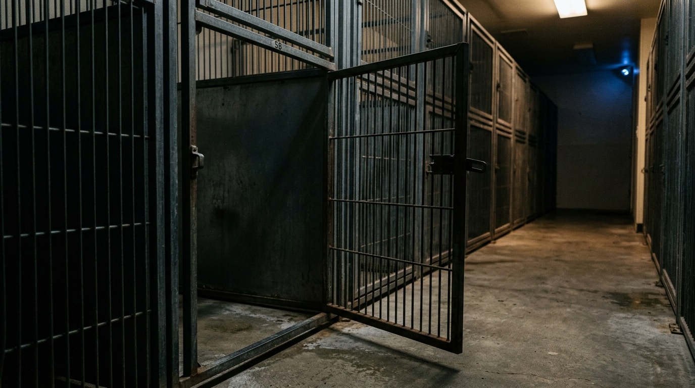 Cage de chien ouverte la nuit dans un refuge