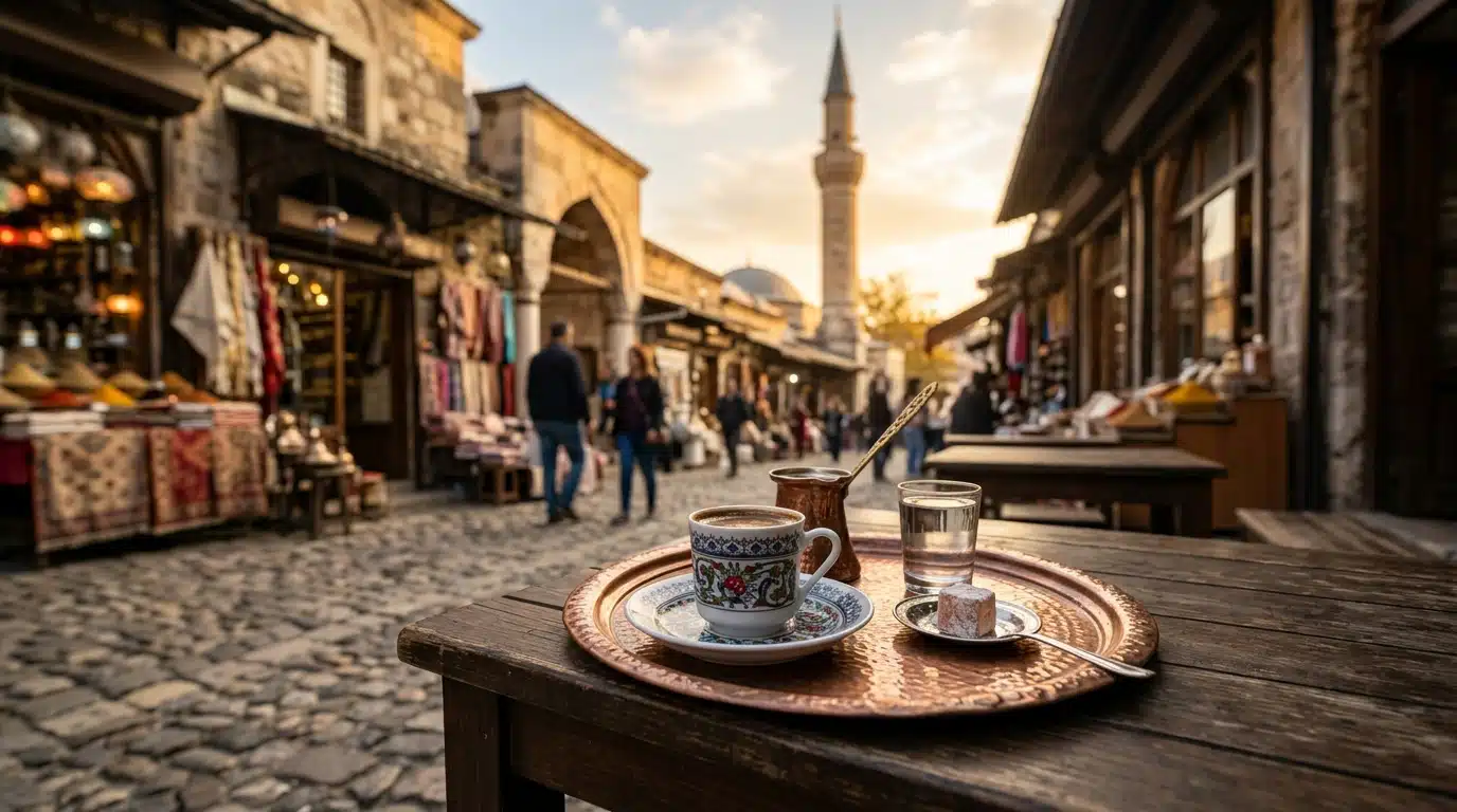 Café traditionnel sur table de terrasse dans le vieux bazar