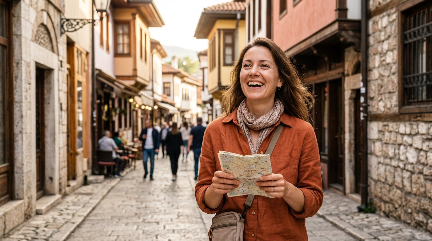 Touriste souriant devant une architecture ottomane ancienne