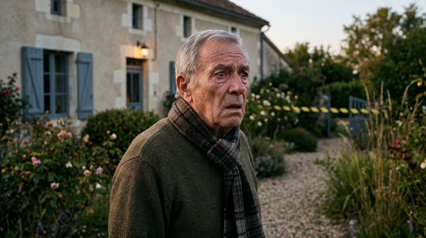 Homme âgé anonyme bouleversé devant une maison rurale