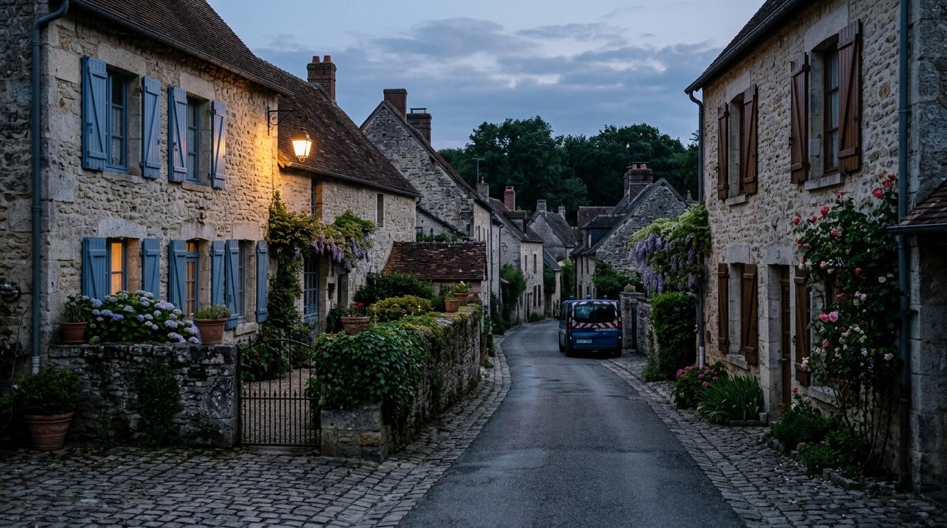Rue de village avec véhicule de gendarmerie au loin