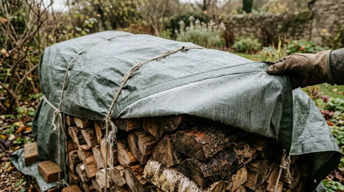 Bâche plastique sur tas de bois avec condensation