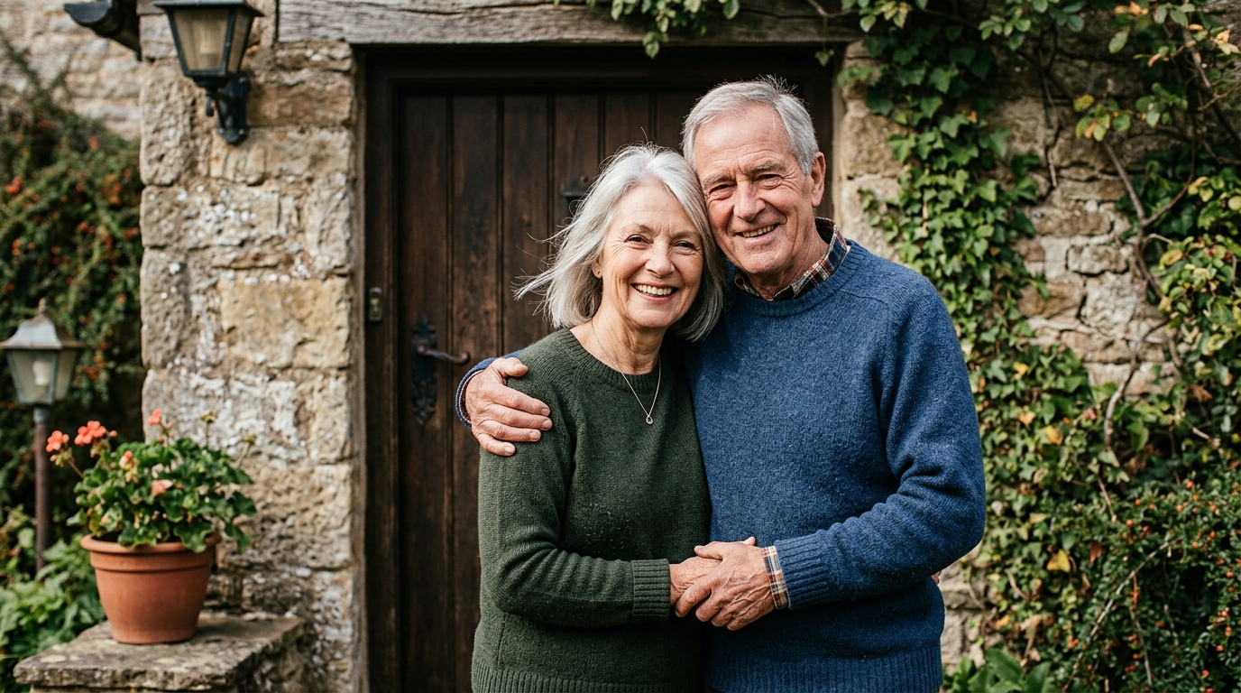 Couple de retraités souriant devant une ferme rustique
