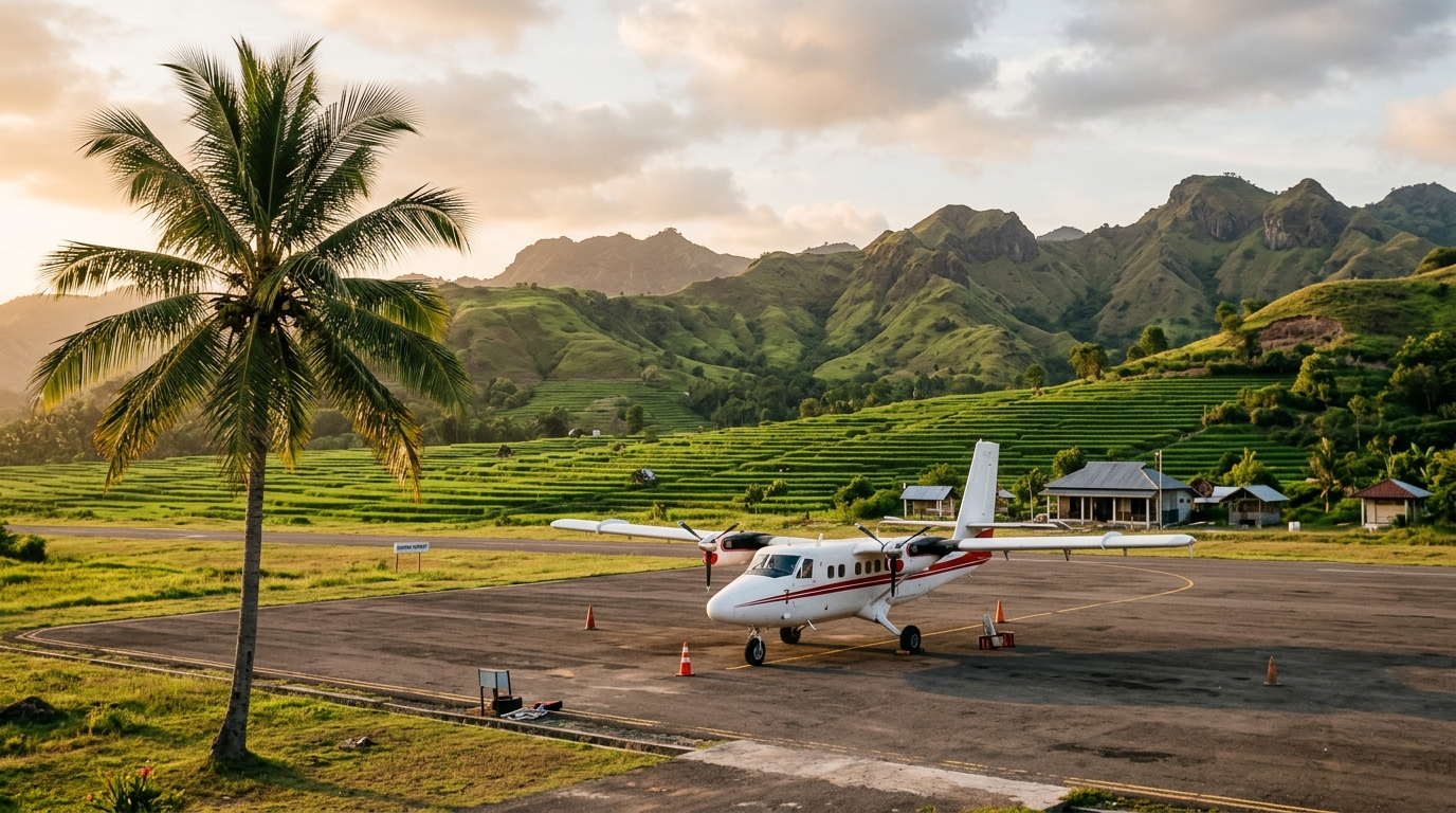 Petit avion sur tarmac face aux rizières verdoyantes