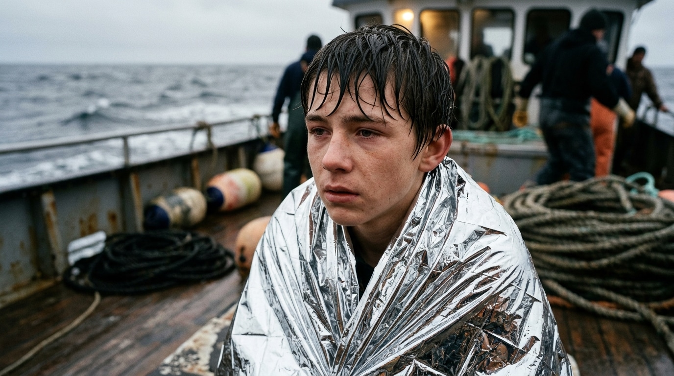 Adolescent enveloppé d'une couverture de survie sur un bateau
