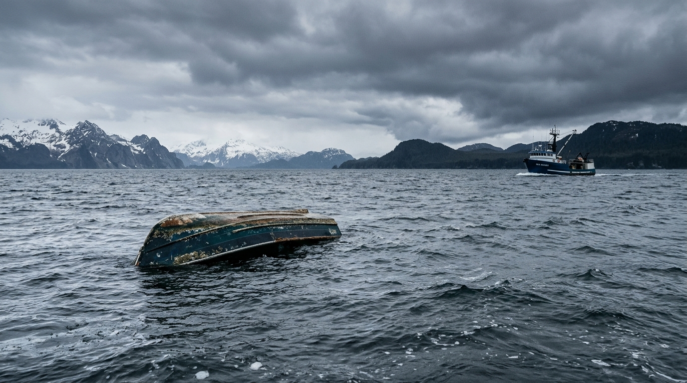Bateau de pêche retourné flottant seul en pleine mer