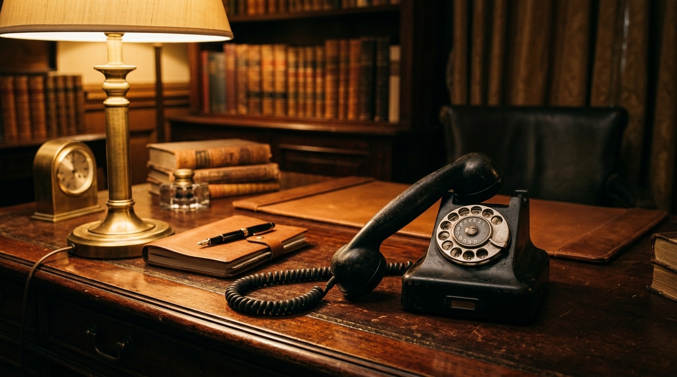 Combiné téléphonique décroché sur un bureau en bois dans une pièce sombre
