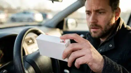 Conducteur regardant une boîte de médicaments au volant