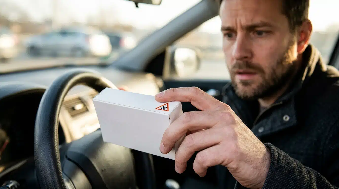 Conducteur regardant une boîte de médicaments au volant