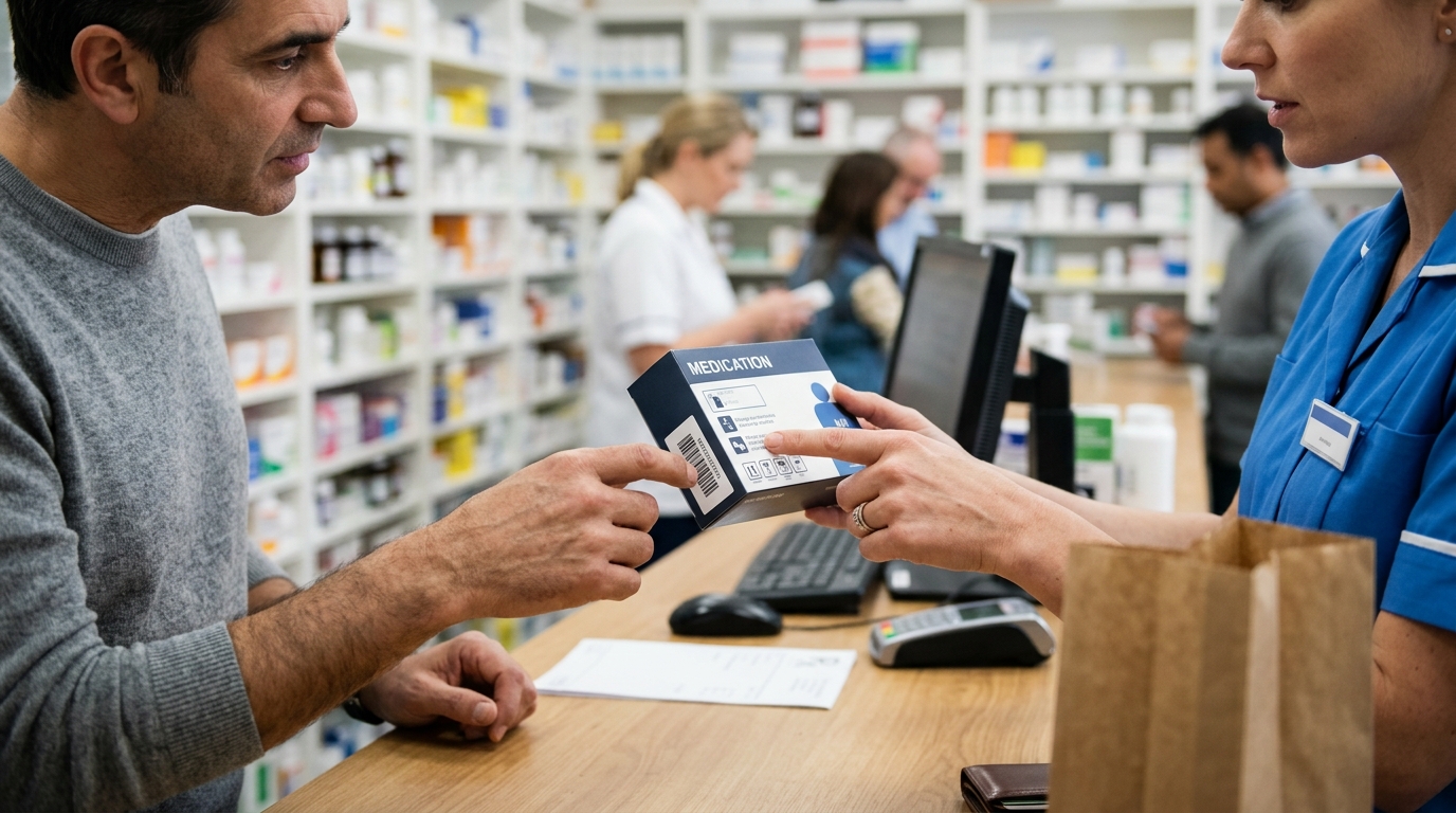Pharmacien montrant une boîte de médicaments au comptoir