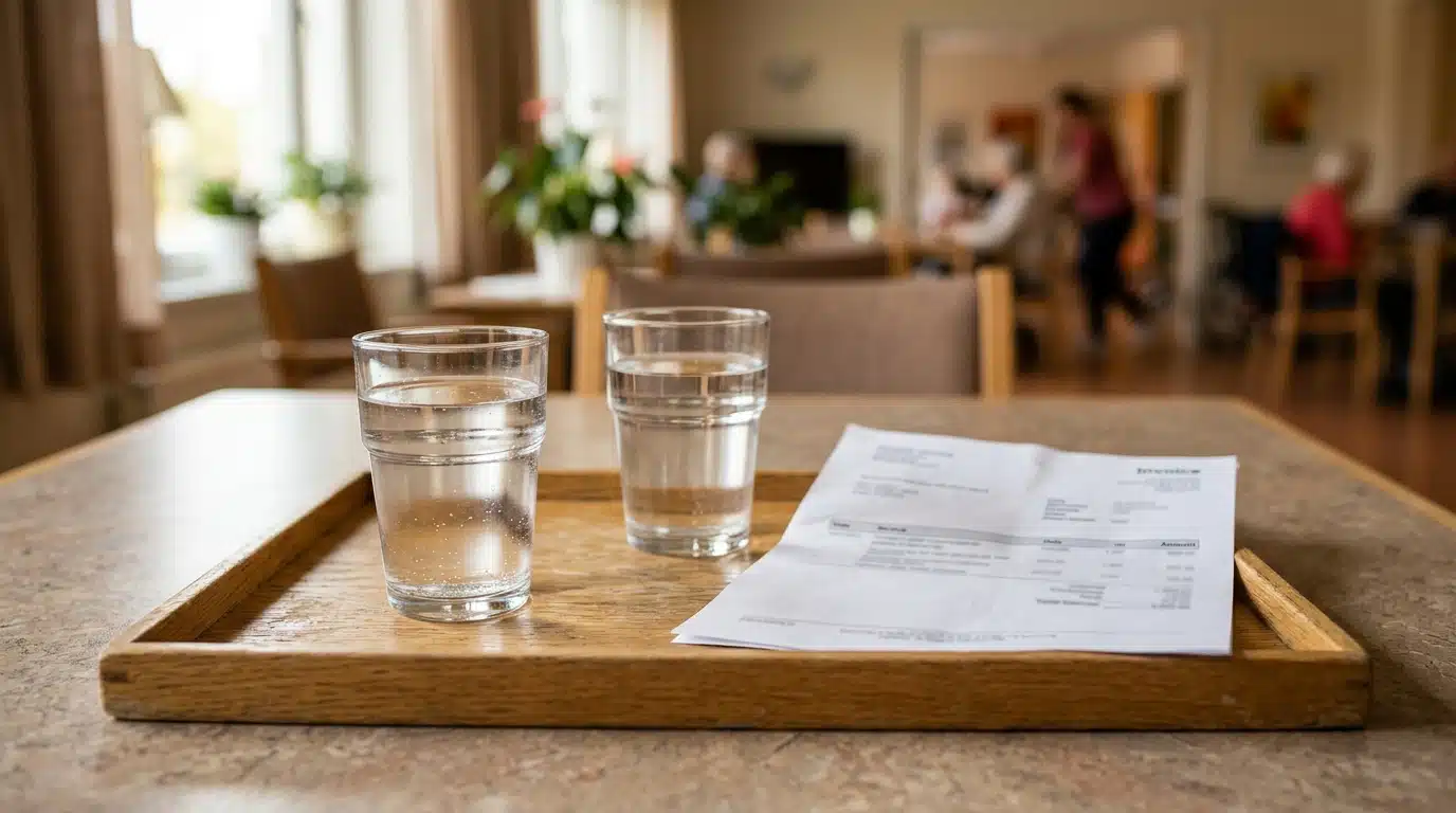 Deux verres d'eau posés près d'une facture floutée