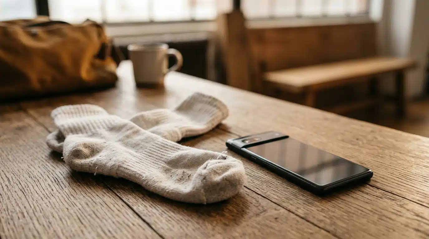 Chaussettes de sport usagées posées sur une table