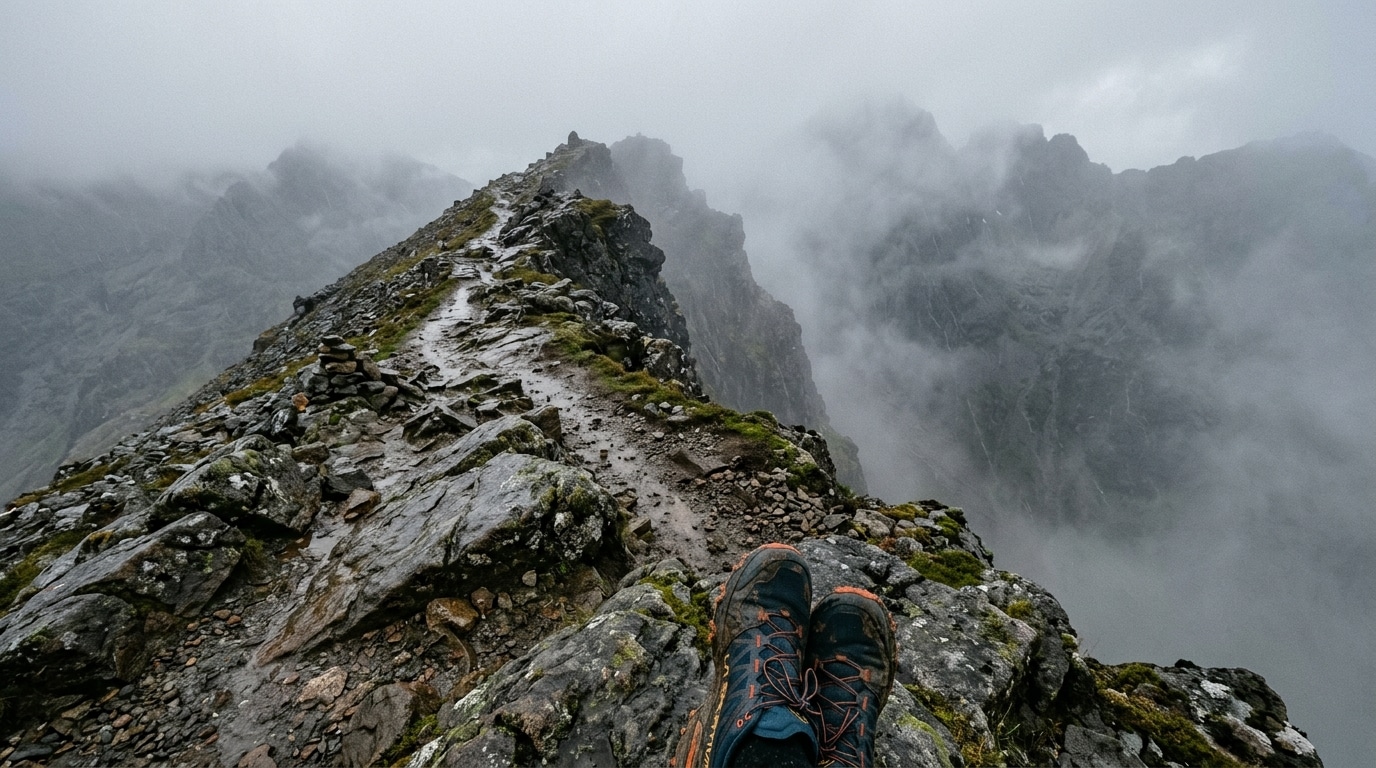 Sentier rocheux et humide en montagne sous la brume