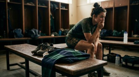 Vestiaire de rugby vide avec maillot féminin plié