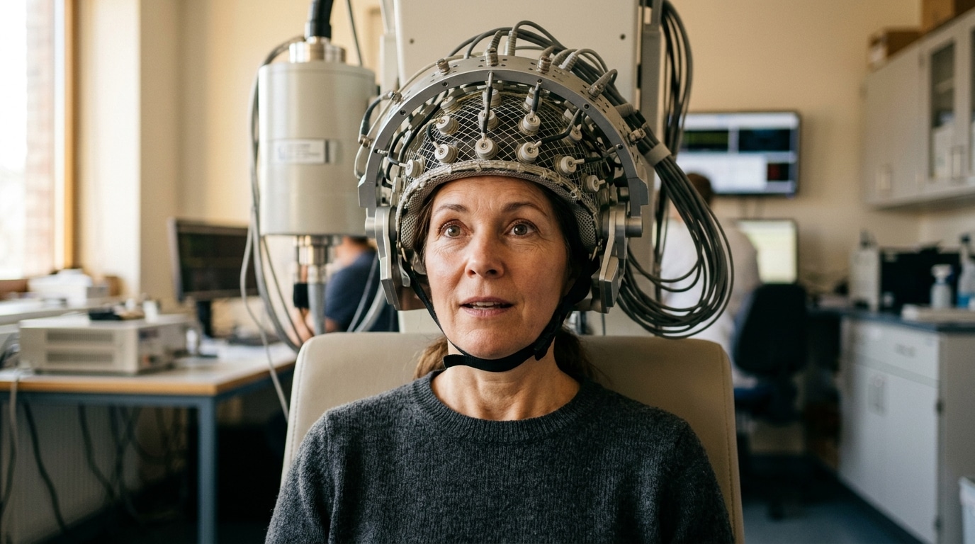 Volontaire portant un casque de magnétoencéphalographie en laboratoire