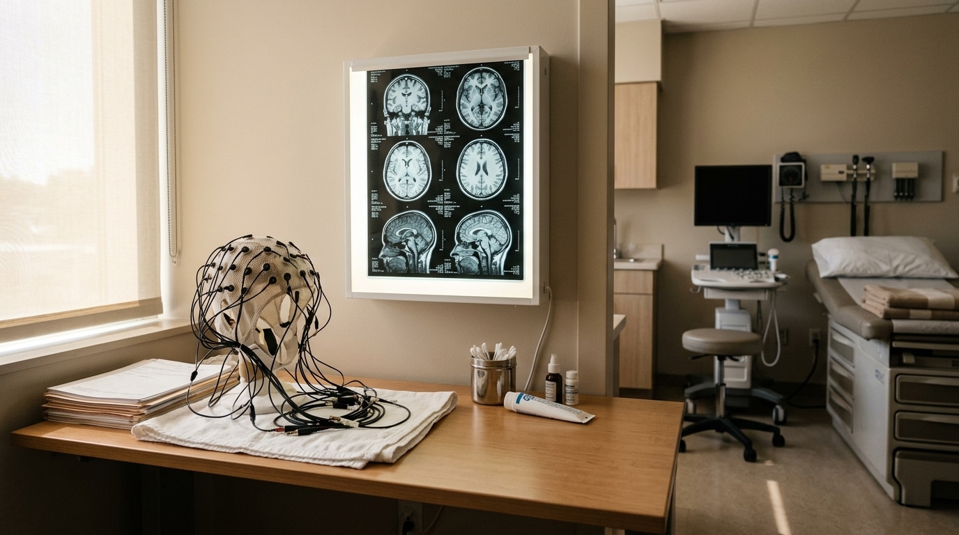 Casque EEG et scanner cérébral dans un cabinet médical