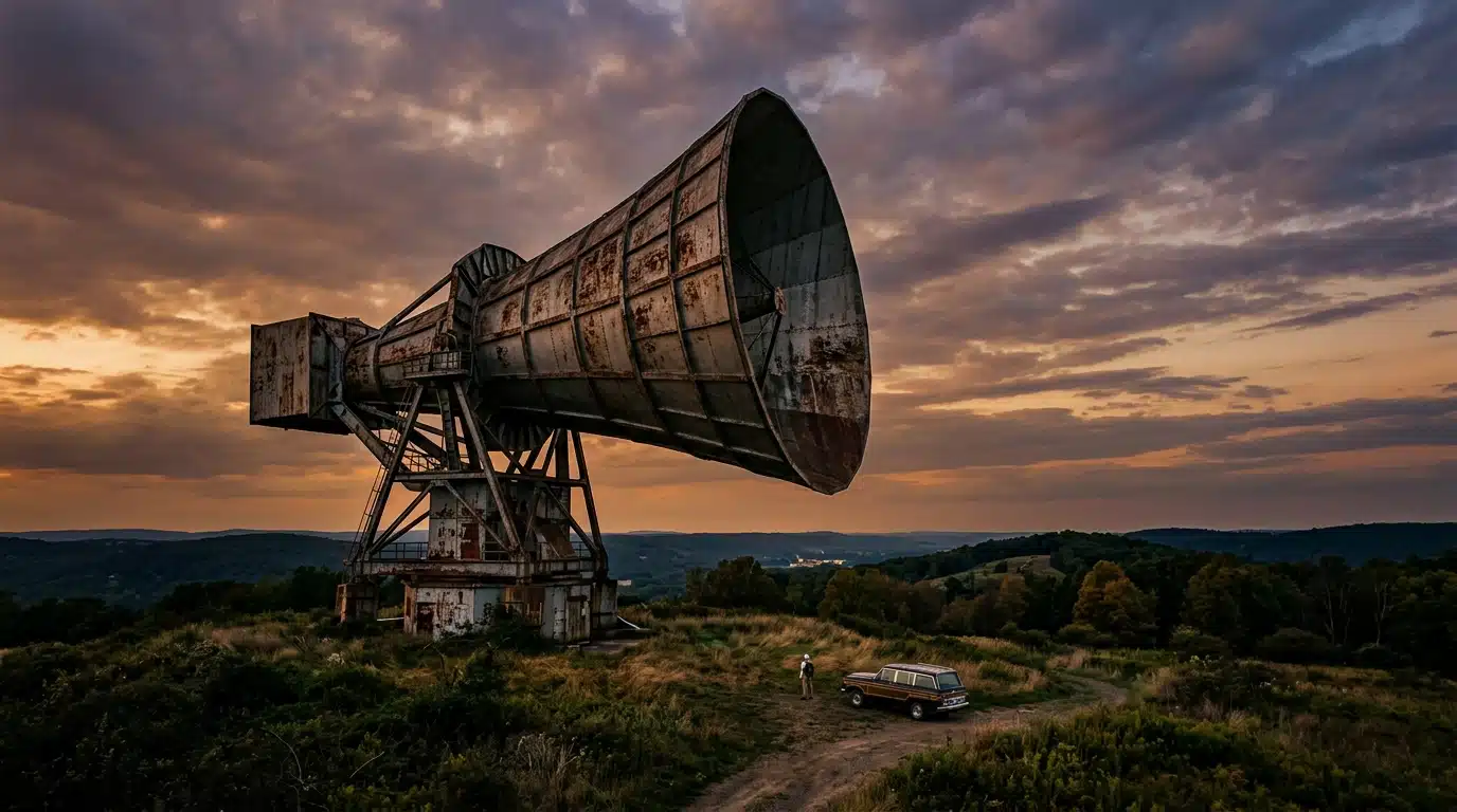 Antenne cornet géante sur une colline au crépuscule