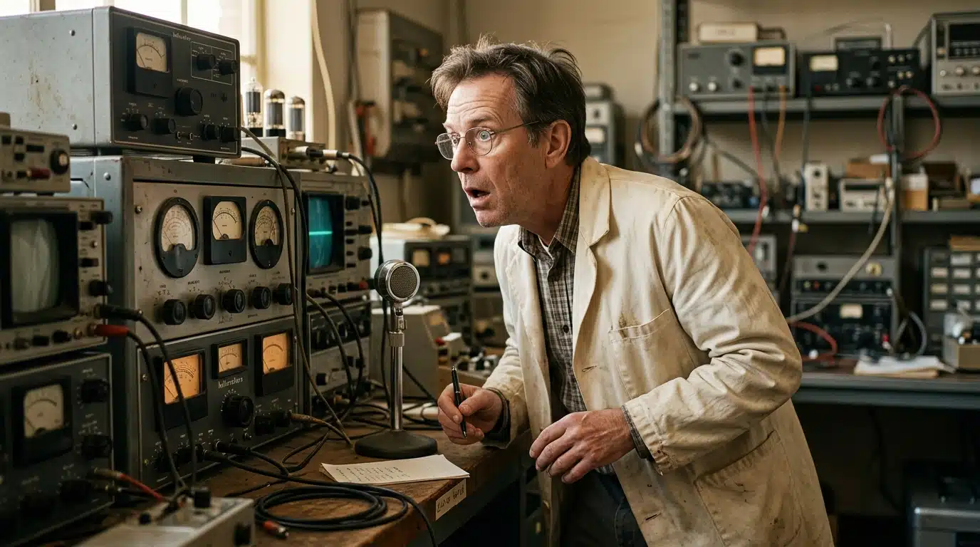 Scientifique stupéfait devant des instruments radio anciens