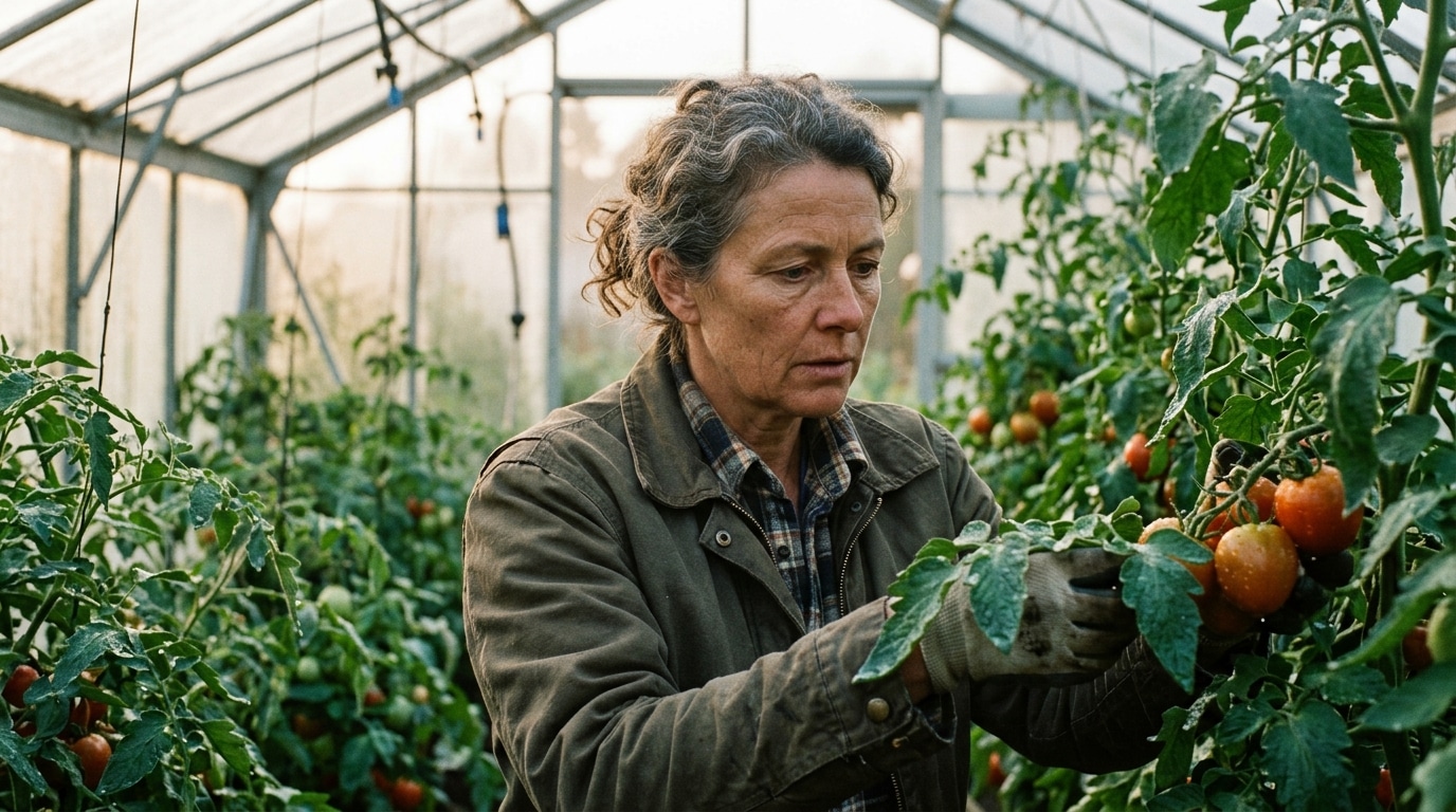 Maraîcher examinant des feuilles de tomates trempées à l'aube