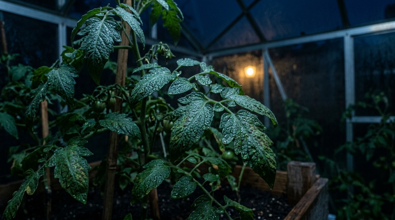 Gouttes de condensation nocturne sur feuilles de tomates